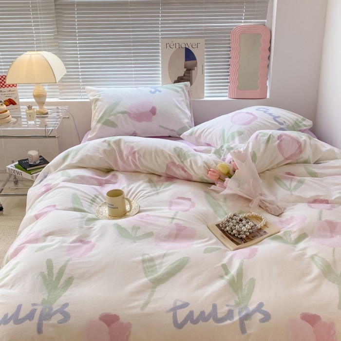 91家纺网 家纺一手货源 找家纺 昔可家纺 2022新款法式田园花卉系列全棉四件套 粉色油画郁金