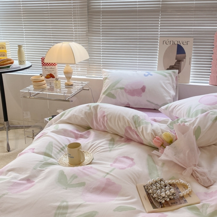 91家纺网 家纺一手货源 找家纺 昔可家纺 2022新款法式田园花卉系列全棉四件套 粉色油画郁金