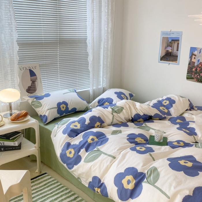 91家纺网 家纺一手货源 找家纺 昔可家纺 2022新款法式田园花卉系列全棉四件套 浮华蓝