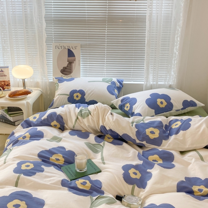 91家纺网 家纺一手货源 找家纺 昔可家纺 2022新款法式田园花卉系列全棉四件套 浮华蓝