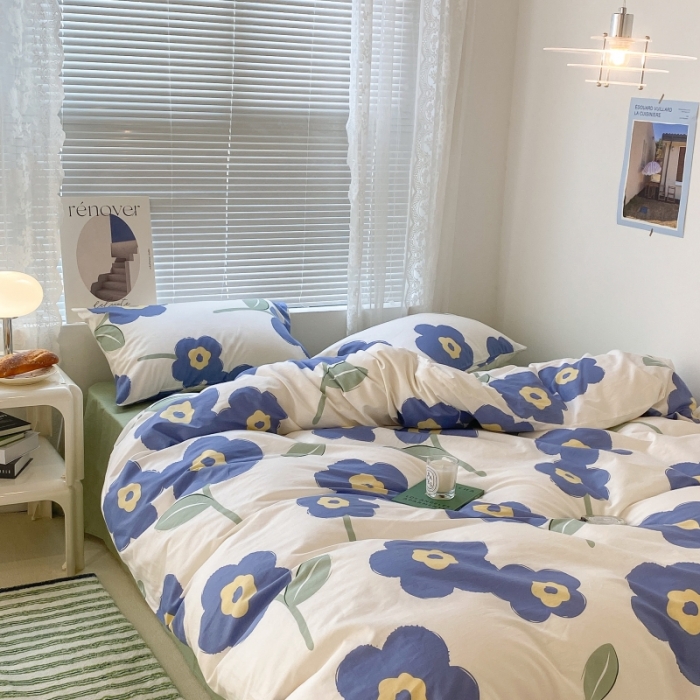91家纺网 家纺一手货源 找家纺 昔可家纺 2022新款法式田园花卉系列全棉四件套 浮华蓝
