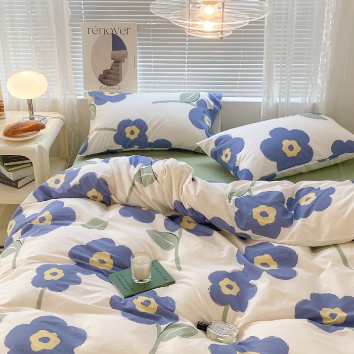 91家纺网 家纺一手货源 找家纺 昔可家纺 2022新款法式田园花卉系列全棉四件套 浮华蓝