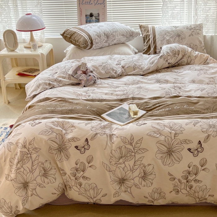 91家纺网 家纺一手货源 找家纺 昔可家纺 2022新款法式田园花卉系列全棉四件套 蝴蝶花咖