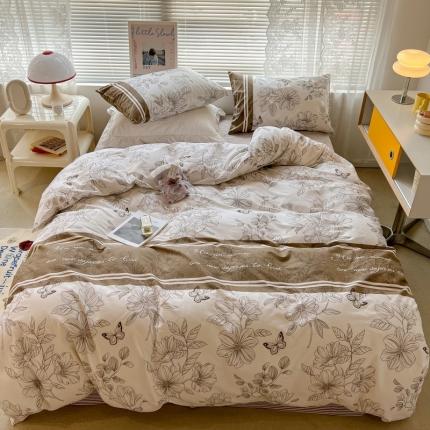 昔可家纺 2022新款法式田园花卉系列全棉四件套 蝴蝶花咖