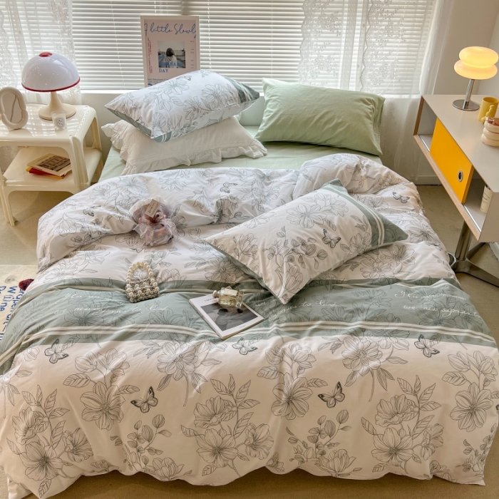 91家纺网 家纺一手货源 找家纺 昔可家纺 2022新款法式田园花卉系列全棉四件套 蝴蝶花绿