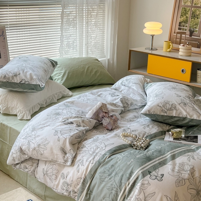 91家纺网 家纺一手货源 找家纺 昔可家纺 2022新款法式田园花卉系列全棉四件套 蝴蝶花绿