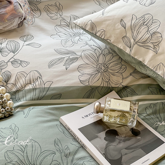 91家纺网 家纺一手货源 找家纺 昔可家纺 2022新款法式田园花卉系列全棉四件套 蝴蝶花绿