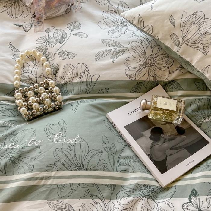 91家纺网 家纺一手货源 找家纺 昔可家纺 2022新款法式田园花卉系列全棉四件套 蝴蝶花绿