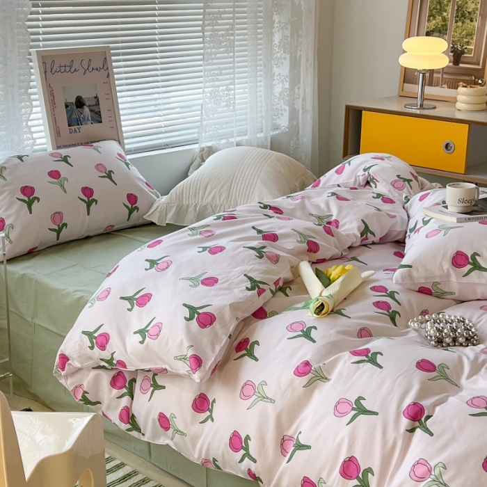 91家纺网 家纺一手货源 找家纺 昔可家纺 2022新款法式田园花卉系列全棉四件套 玫粉郁金