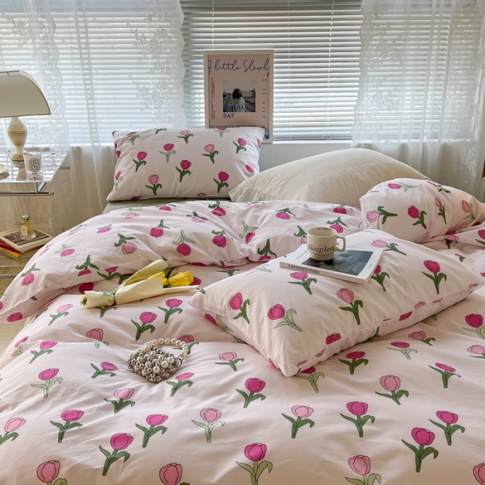91家纺网 家纺一手货源 找家纺 昔可家纺 2022新款法式田园花卉系列全棉四件套 玫粉郁金