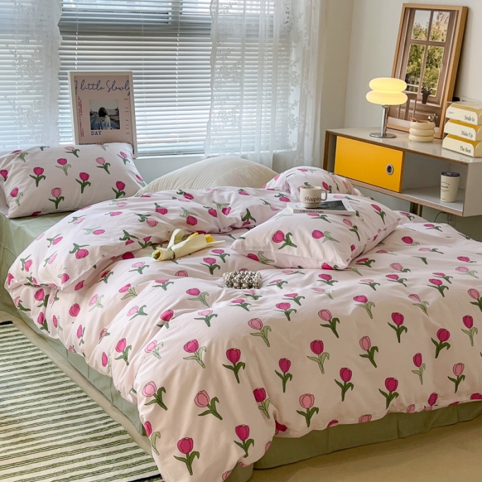 91家纺网 家纺一手货源 找家纺 昔可家纺 2022新款法式田园花卉系列全棉四件套 玫粉郁金