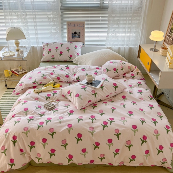 91家纺网 家纺一手货源 找家纺 昔可家纺 2022新款法式田园花卉系列全棉四件套 玫粉郁金