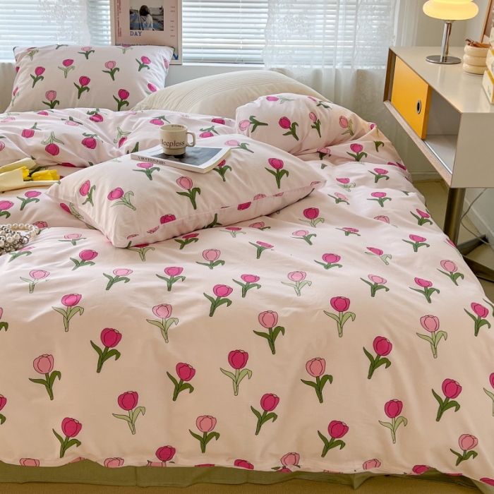 91家纺网 家纺一手货源 找家纺 昔可家纺 2022新款法式田园花卉系列全棉四件套 玫粉郁金