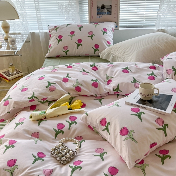 91家纺网 家纺一手货源 找家纺 昔可家纺 2022新款法式田园花卉系列全棉四件套 玫粉郁金