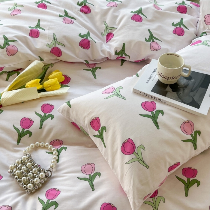 91家纺网 家纺一手货源 找家纺 昔可家纺 2022新款法式田园花卉系列全棉四件套 玫粉郁金