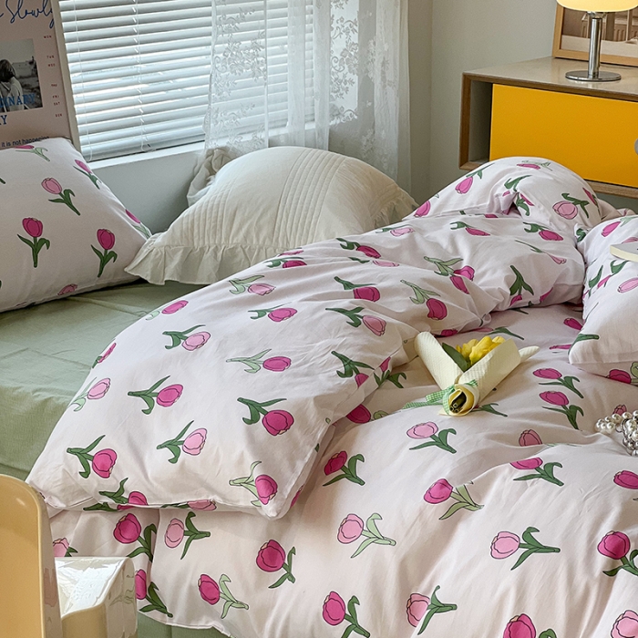 91家纺网 家纺一手货源 找家纺 昔可家纺 2022新款法式田园花卉系列全棉四件套 玫粉郁金