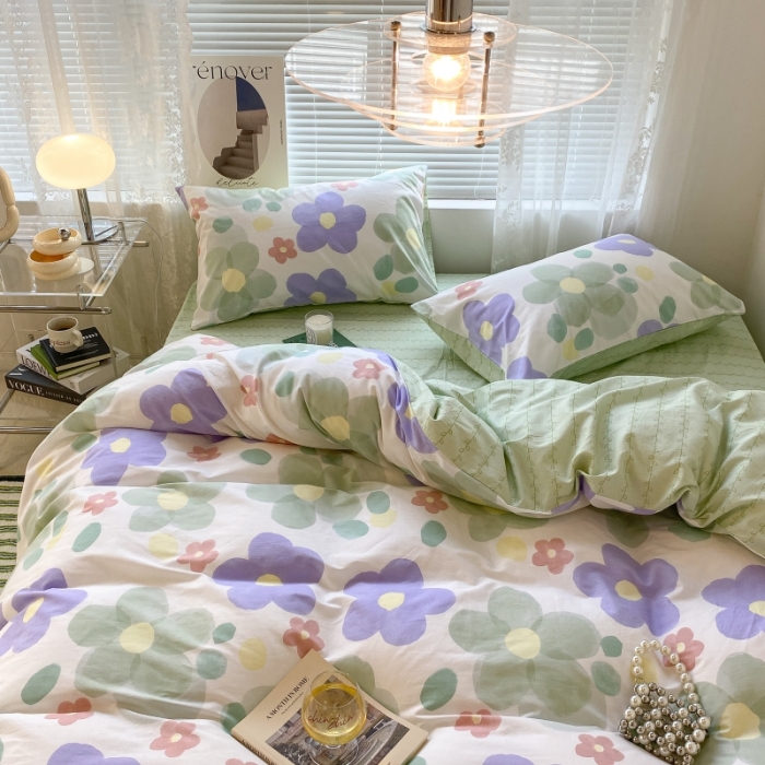 91家纺网 家纺一手货源 找家纺 昔可家纺 2022新款法式田园花卉系列全棉四件套 青缇慕斯