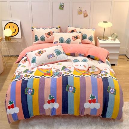 91家纺网 家纺一手货源 找家纺 孩子王新款冬季加厚牛奶绒水晶绒珊瑚绒印花系列四件套 彩虹小兔