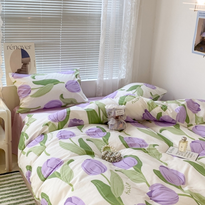 91家纺网 家纺一手货源 找家纺 昔可家纺 2022新款法式田园花卉系列全棉四件套 紫郁金