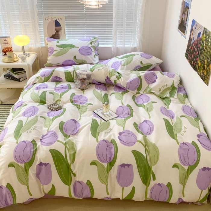 91家纺网 家纺一手货源 找家纺 昔可家纺 2022新款法式田园花卉系列全棉四件套 紫郁金