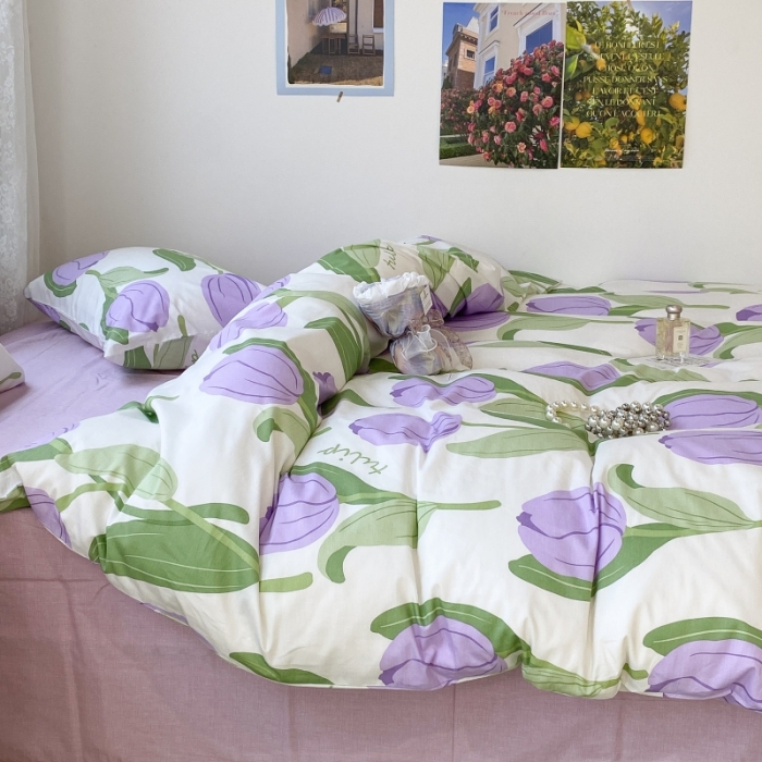 91家纺网 家纺一手货源 找家纺 昔可家纺 2022新款法式田园花卉系列全棉四件套 紫郁金