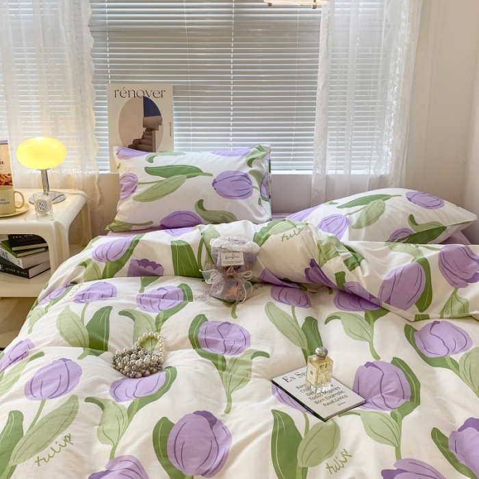 91家纺网 家纺一手货源 找家纺 昔可家纺 2022新款法式田园花卉系列全棉四件套 紫郁金