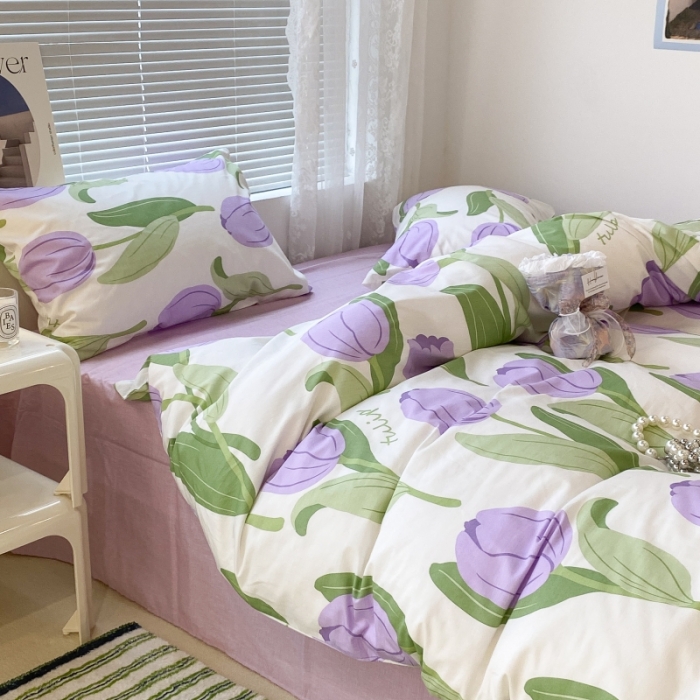 91家纺网 家纺一手货源 找家纺 昔可家纺 2022新款法式田园花卉系列全棉四件套 紫郁金