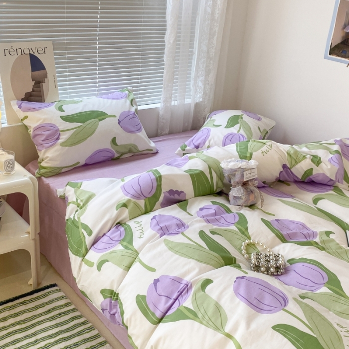 91家纺网 家纺一手货源 找家纺 昔可家纺 2022新款法式田园花卉系列全棉四件套 紫郁金