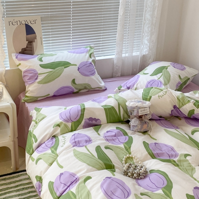 91家纺网 家纺一手货源 找家纺 昔可家纺 2022新款法式田园花卉系列全棉四件套 紫郁金