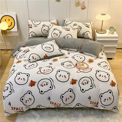 91家纺网 家纺一手货源 找家纺 孩子王 新款冬季加厚牛奶绒水晶绒珊瑚绒印花系列四件套 萌萌熊