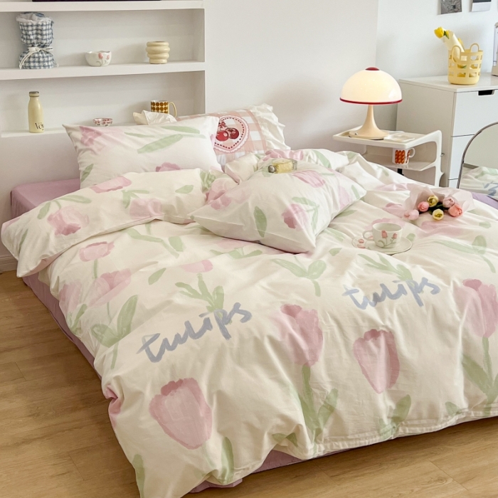 91家纺网 家纺一手货源 找家纺 昔可家纺 2022新款法式田园花卉系列全棉四件套 粉色油画郁金1