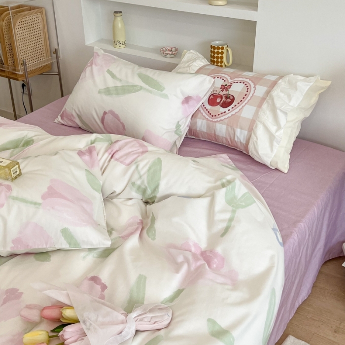 91家纺网 家纺一手货源 找家纺 昔可家纺 2022新款法式田园花卉系列全棉四件套 粉色油画郁金1