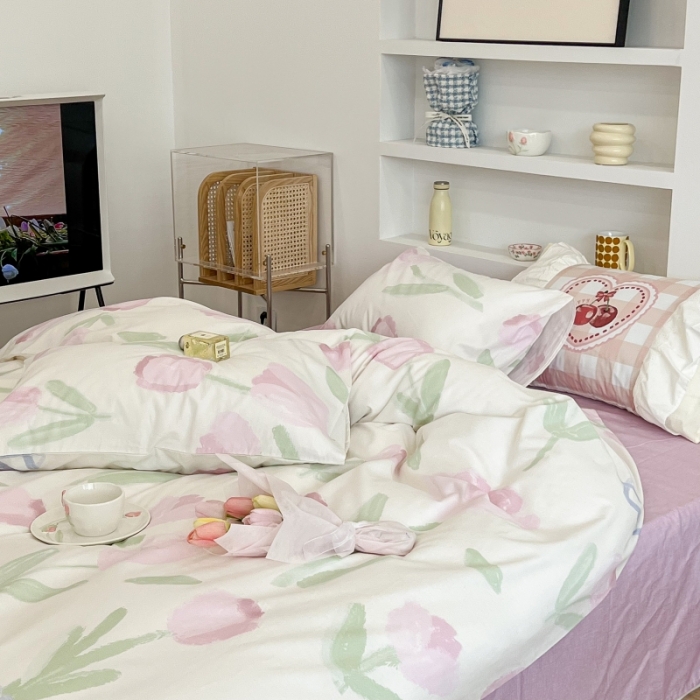 91家纺网 家纺一手货源 找家纺 昔可家纺 2022新款法式田园花卉系列全棉四件套 粉色油画郁金1