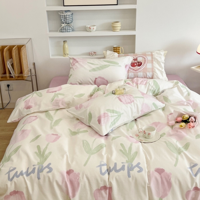 91家纺网 家纺一手货源 找家纺 昔可家纺 2022新款法式田园花卉系列全棉四件套 粉色油画郁金1