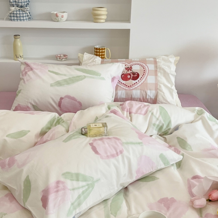 91家纺网 家纺一手货源 找家纺 昔可家纺 2022新款法式田园花卉系列全棉四件套 粉色油画郁金1