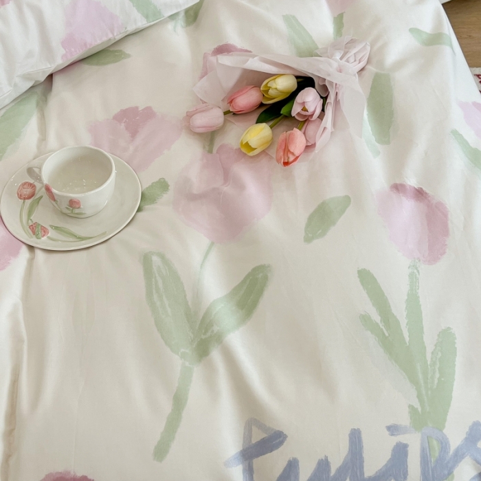 91家纺网 家纺一手货源 找家纺 昔可家纺 2022新款法式田园花卉系列全棉四件套 粉色油画郁金1