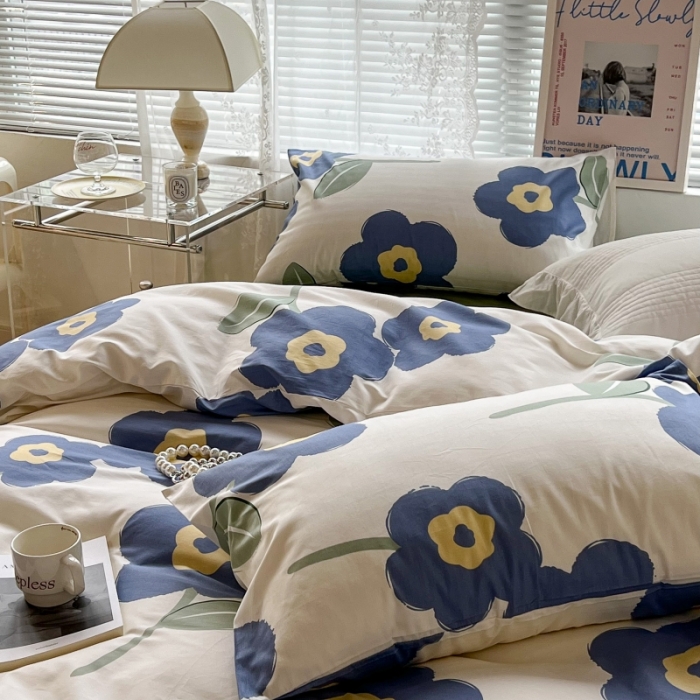91家纺网 家纺一手货源 找家纺 昔可家纺 2022新款法式田园花卉系列全棉四件套 浮华蓝1