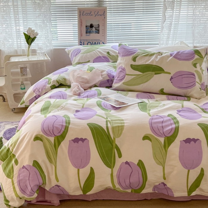 91家纺网 家纺一手货源 找家纺 昔可家纺 2022新款法式田园花卉系列全棉四件套 紫郁金1