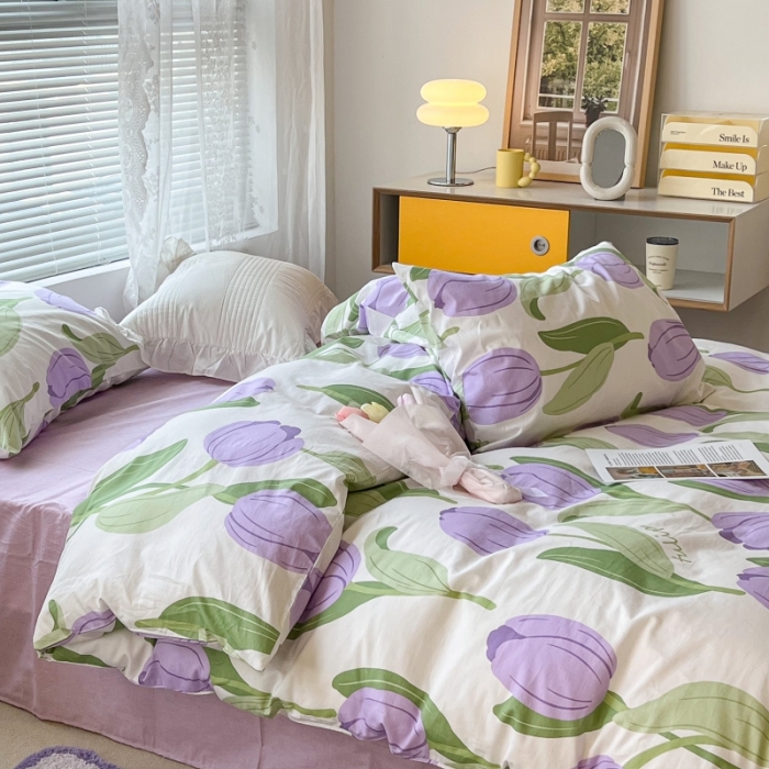 91家纺网 家纺一手货源 找家纺 昔可家纺 2022新款法式田园花卉系列全棉四件套 紫郁金1