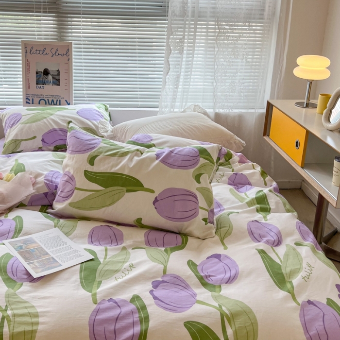 91家纺网 家纺一手货源 找家纺 昔可家纺 2022新款法式田园花卉系列全棉四件套 紫郁金1