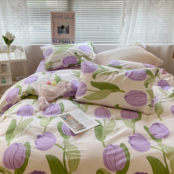 91家纺网 家纺一手货源 找家纺 昔可家纺 2022新款法式田园花卉系列全棉四件套 紫郁金1