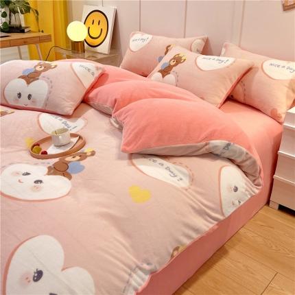 孩子王新款冬季加厚牛奶绒水晶绒珊瑚绒印花系列四件套 爱心熊