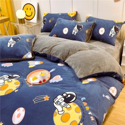 孩子王新款冬季加厚牛奶绒水晶绒珊瑚绒印花系列四件套 飞行太空