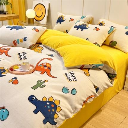 孩子王新款冬季加厚牛奶绒水晶绒珊瑚绒印花系列四件套恐龙漫步黄