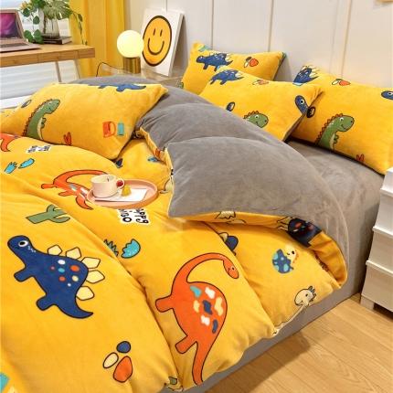 孩子王2023新款冬季加厚牛奶绒珊瑚绒印花系列四件套恐龙世界