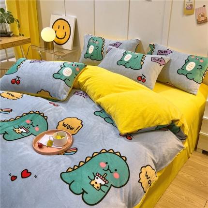 孩子王新款冬季加厚牛奶绒水晶绒珊瑚绒印花系列四件套 萌萌恐龙