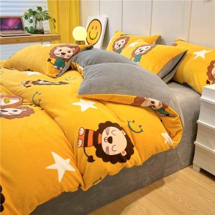 孩子王新款冬季加厚牛奶绒水晶绒珊瑚绒印花系列四件套幸福小狮子