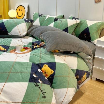 孩子王新款冬季加厚牛奶绒水晶绒珊瑚绒印花系列四件套 英伦熊