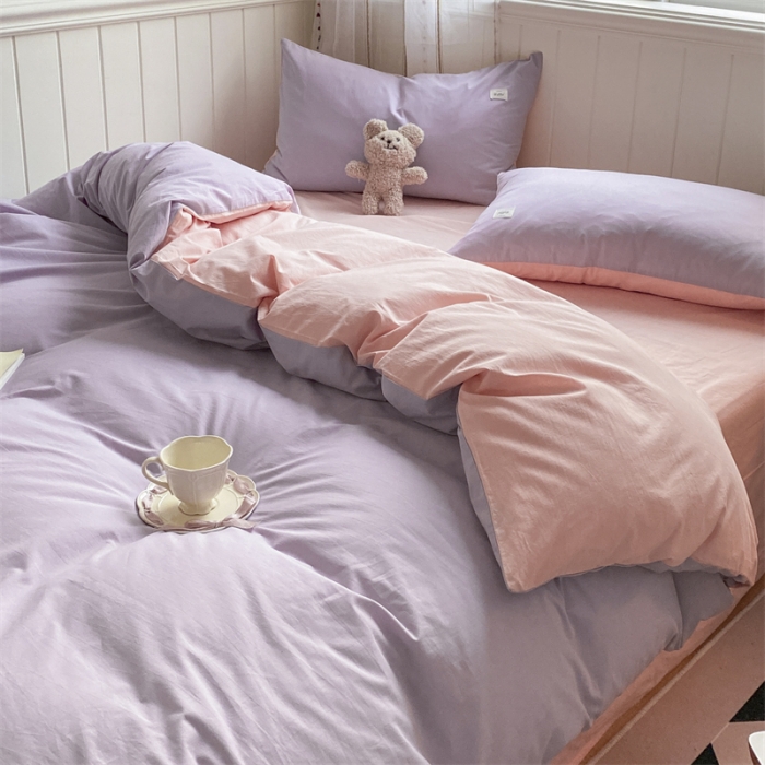 91家纺网 家纺一手货源 找家纺 蓝巢家纺 2022新款全棉水洗棉双拼款四件套 浅紫浅粉
