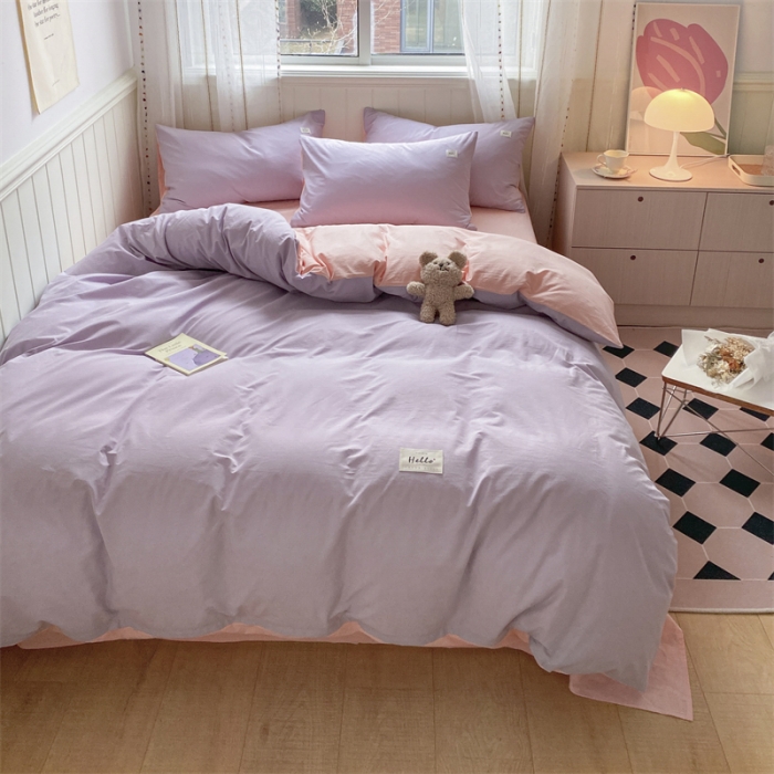 91家纺网 家纺一手货源 找家纺 蓝巢家纺 2022新款全棉水洗棉双拼款四件套 浅紫浅粉